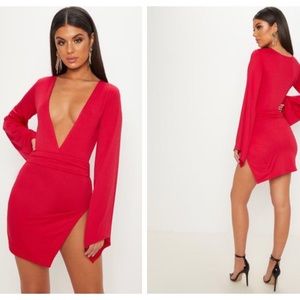 Berry Drape Sleeve Plunge Extreme Split Bodycon